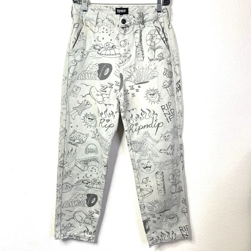 RipNDip Gray Doodle Print Jeans Unisex‎ Size 30